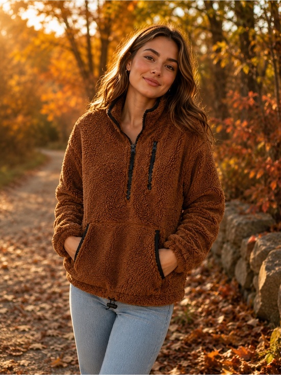 No Boundaries Tops - Brown Teddy Sherpa Quarter Zip Pullover Fleece Jacket Size Large 11-13